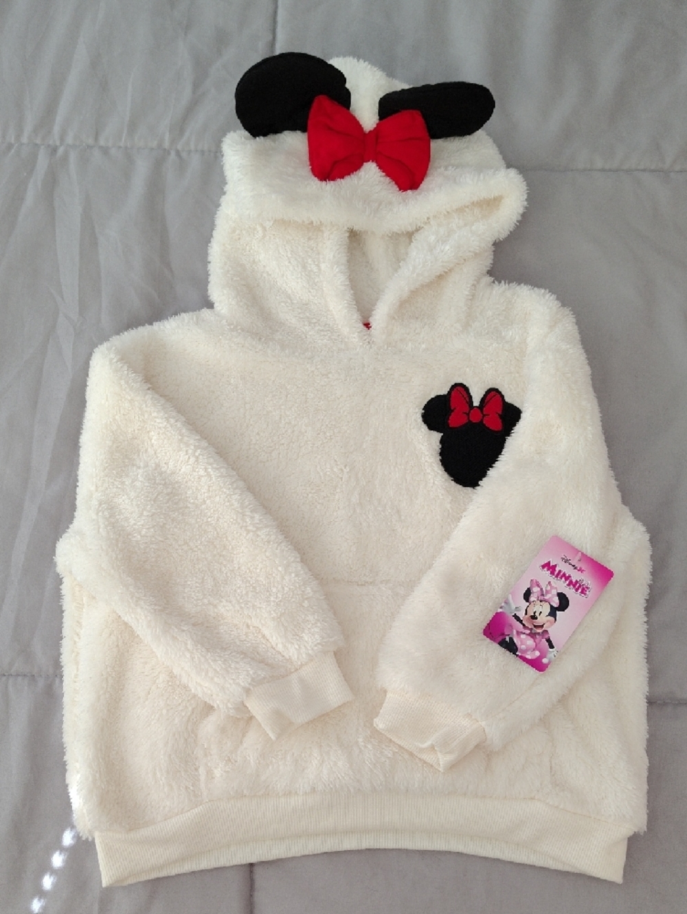 Disney Cream Hooded Minnie Mouse Fleece Top with Red Bow - Picture 2 of 8